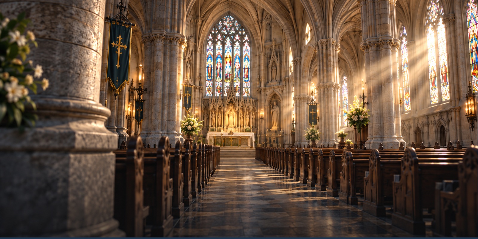 Sunlight through stained-glass windows in a cathedral sanctuary