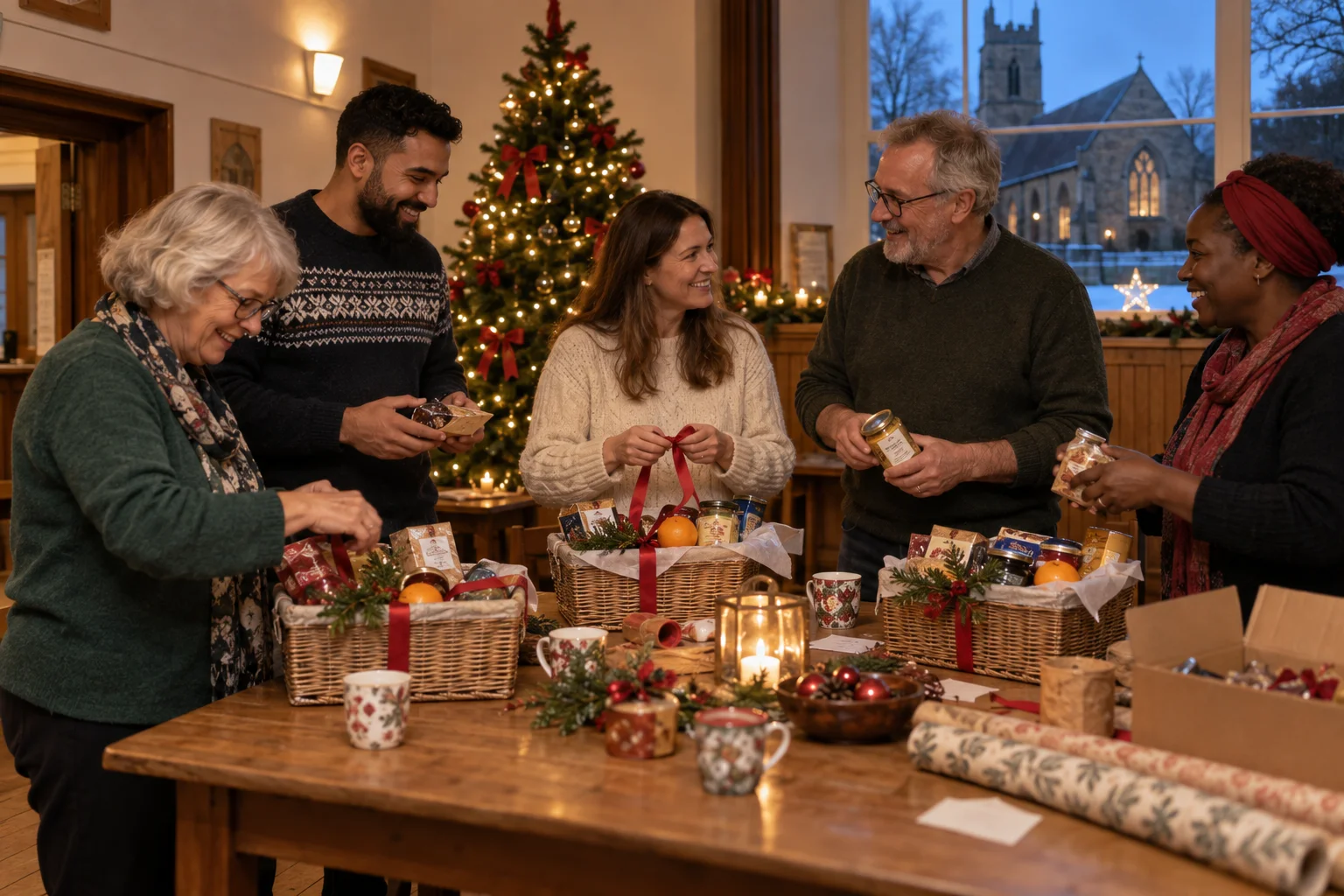 Packing food hampers beside the Christmas tree. Demo image for this fictional 2024 event; artwork is reused across demo years.