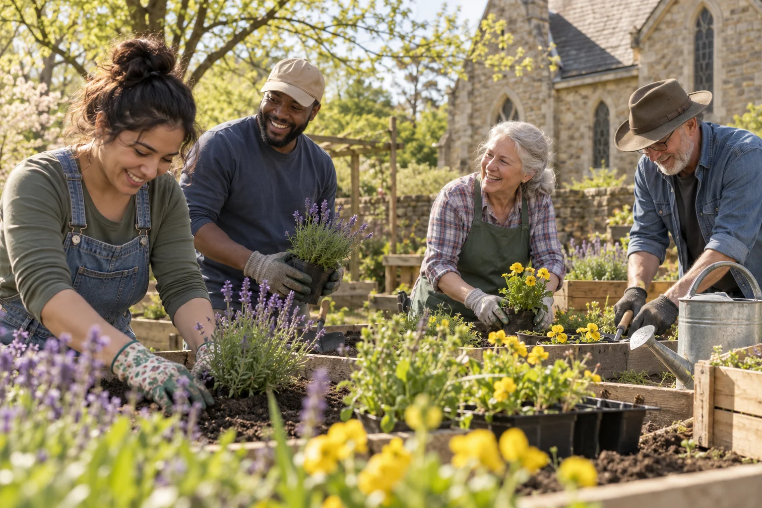 Neighbors planting lavender and yellow flowers in the raised beds. Demo image for this fictional 2026 event; artwork is reused across demo years.
