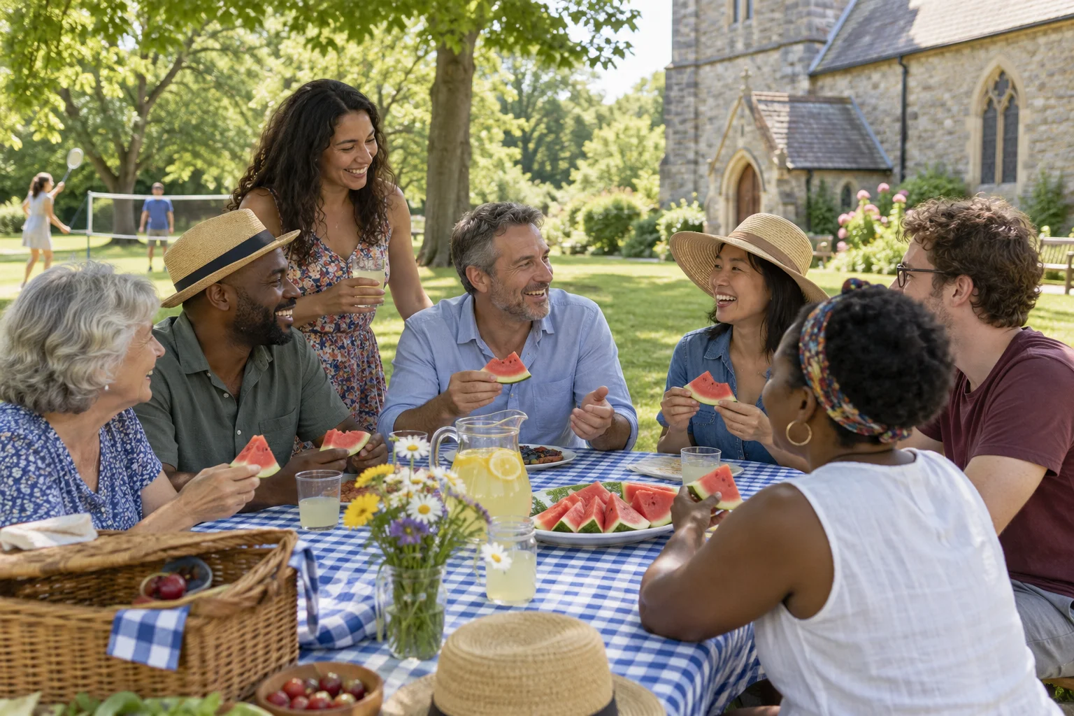 Lemonade, watermelon and a good conversation under the trees. Demo image for this fictional 2025 event; artwork is reused across demo years.